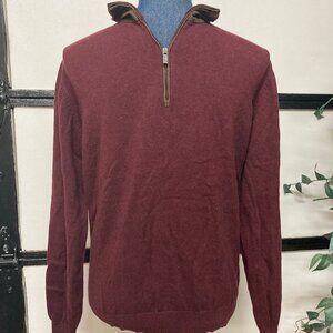 Men's Massimo Dutti Cotton/Cashmere Blend Burgundy Sweater w/Leather, Small